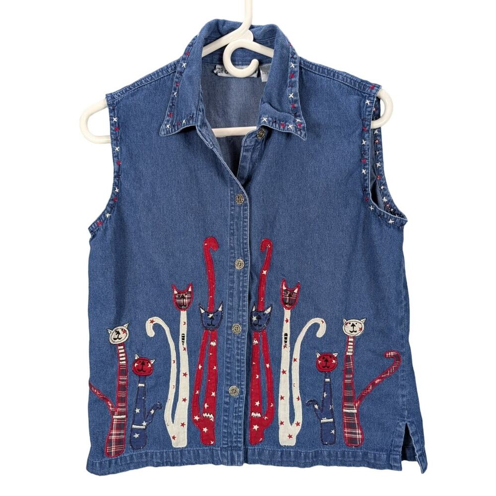 Dress Barn Cat Shirt Womens Medium Denim sleeveless Red White Blue Patriotic
